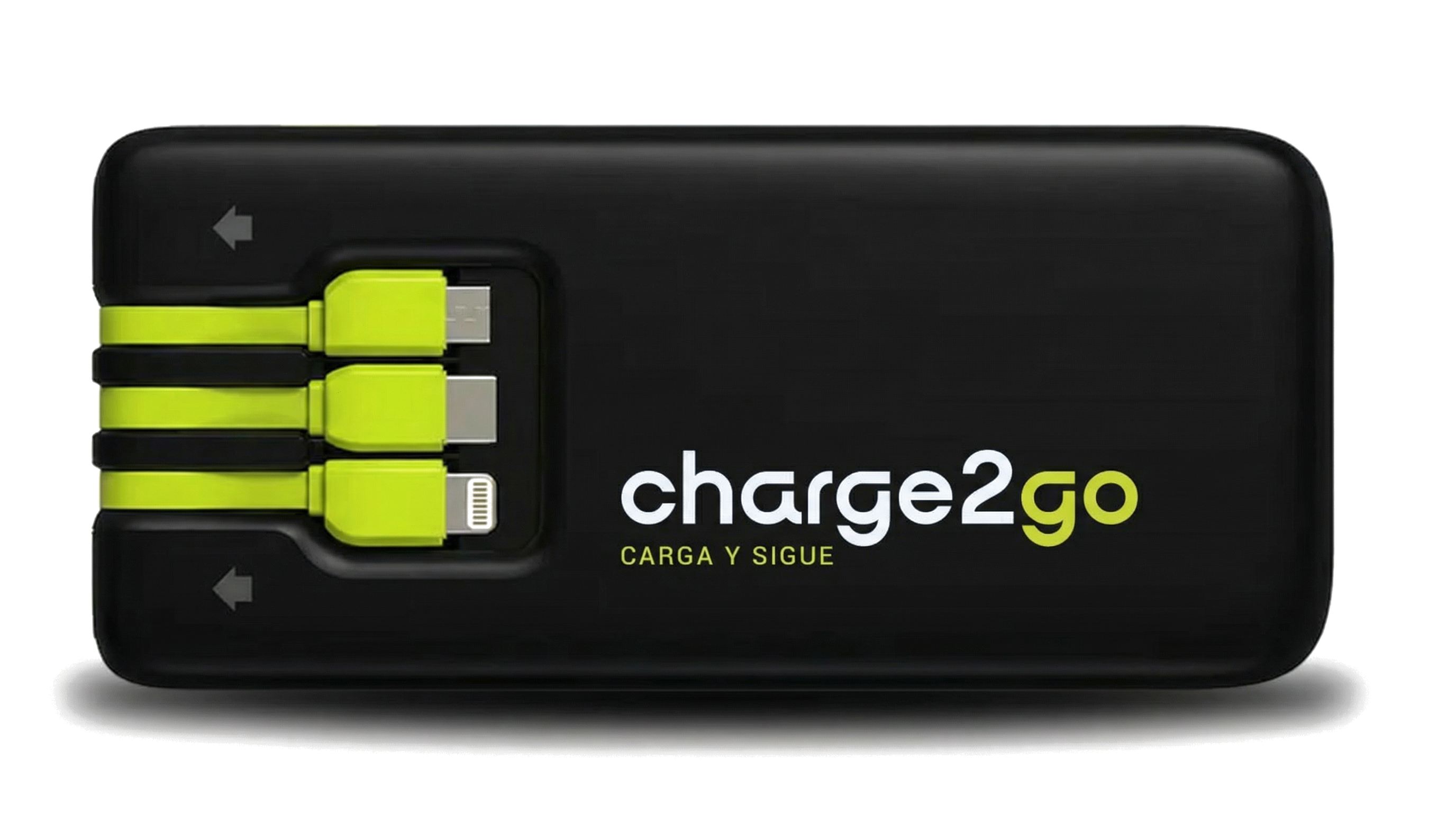 Power bank portátil charge2go con cables USB-C, Lightning y micro-USB incluidos