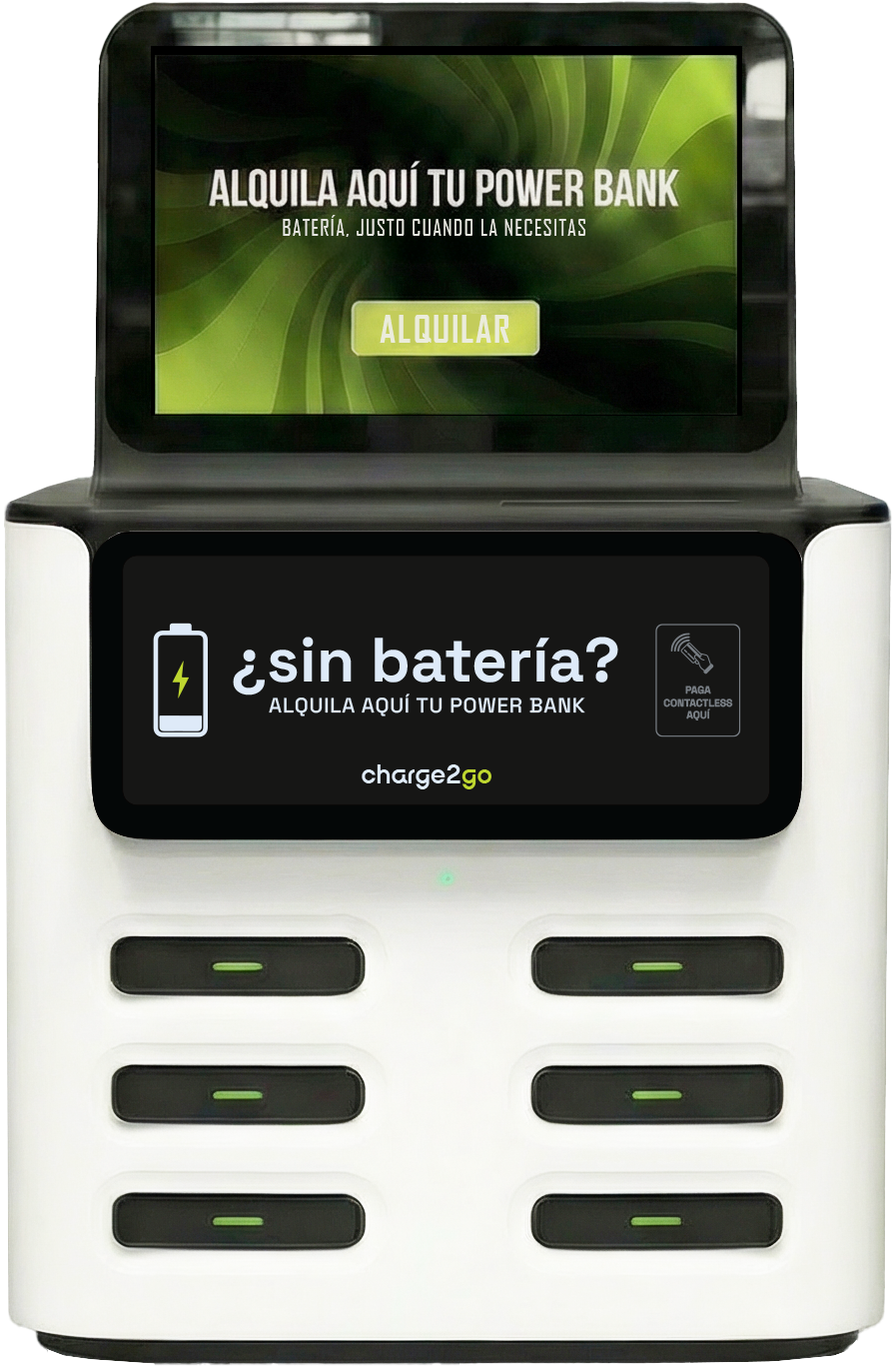 Estación de alquiler de power banks charge2go instalada en un local